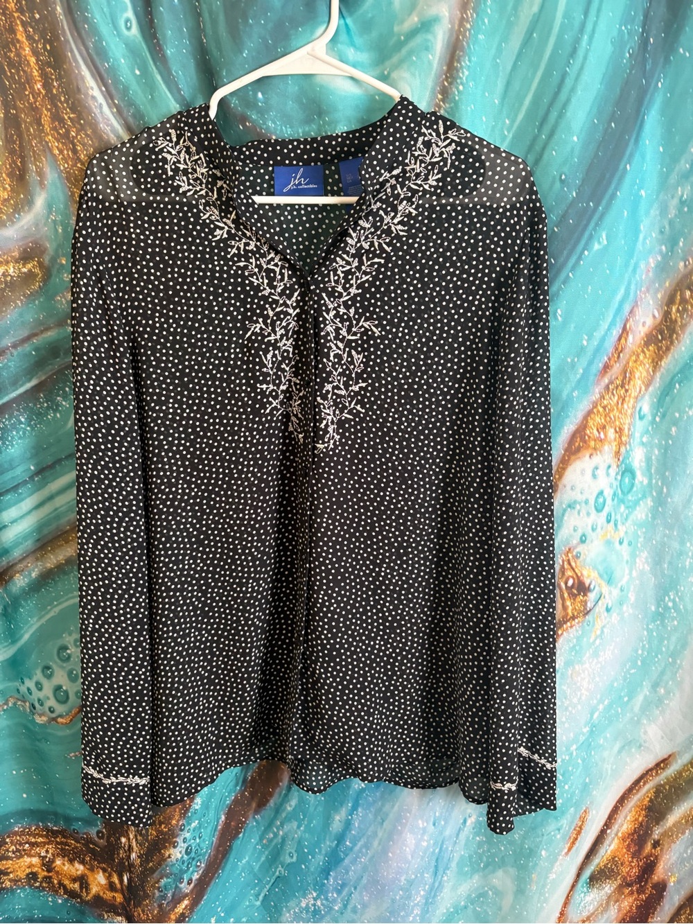 J.h. collectibles Black and White Polka Dot Embroidered V-Neck Long Sleeve Top